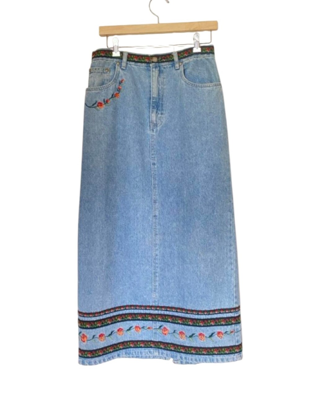 Vtg bill blass Light Blue Embroidered Denim Long Midi Boho festival Skirt Sz 8